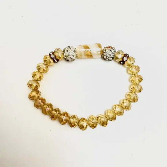 Gemstone Yellow Glass Bead White Crystal Rondel Stretch Bracelet Fashion One SZ - Picture 3 of 10